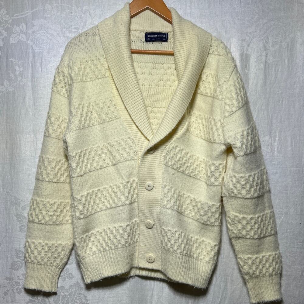 Vintage Cardigan Sweater Medium Cream Cable Knit Shawl Collar USA Made